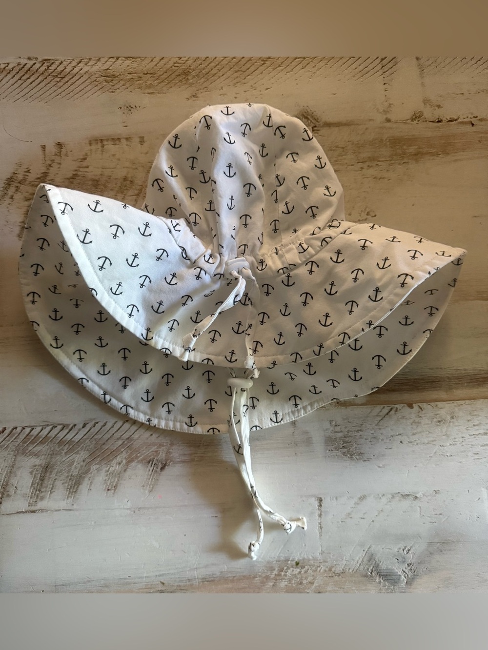 Kids Sun Hat with Navy Anchor Print - White